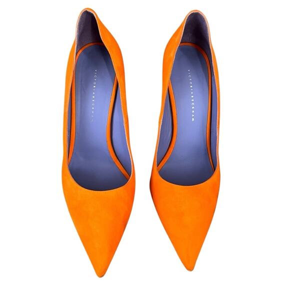 Victoria Beckham Women’s Point Toe Orange Suede Purple Interior Stiletto Heels - Picture 3 of 16